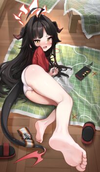 1girl absurdres ass barefoot black_hair blue_archive blush comodox feet highres horns kasumi_(blue_archive) loli long_hair looking_at_viewer map open_mouth panties shoes slippers soles tail toes underwear unworn_shoes yellow_eyes