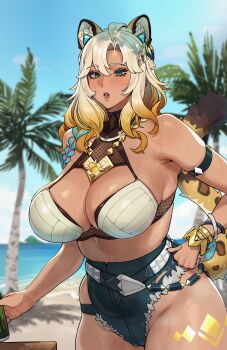 1girl 5t_(5t_000) absurdres animal_ears aqua_hair arm_strap asymmetrical_hair bangle beach belt bikini bikini_top_only blonde_hair blue_belt blue_shorts blue_sky blurry blurry_background blush bracelet braid breasts cleavage cloud cloudy_sky coconut_tree commentary cowboy_shot crotch_seam curtained_hair curvy cutoffs dark-skinned_female dark_skin day denim denim_shorts english_commentary expressionless eyelashes fishnets genshin_impact gradient_hair green_eyes hair_between_eyes half_up_braid hand_on_own_hip highleg_shorts highres jaguar_ears jaguar_girl jaguar_tail jewelry large_breasts lips lipstick looking_at_viewer makeup medium_hair multicolored_hair necklace ocean orange_hair outdoors palm_tree parted_bangs parted_lips pink_hair red_lips shorts side_braid skindentation sky solo spotted_fur spotted_tail standing studded_belt sweat swimsuit tail thick_lips thigh_marking tree vision_(genshin_impact) white_bikini xilonen_(genshin_impact)