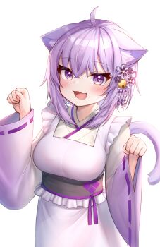 1girl :3 :d absurdres ahoge animal_ears bad_id bad_twitter_id blush breasts cat_ears cat_tail commentary_request deaver fang flower hair_flower hair_ornament highres hololive japanese_clothes kimono large_breasts nekomata_okayu nekomata_okayu_(new_year) obi open_mouth paw_pose purple_eyes purple_hair sash simple_background smile solo tail virtual_youtuber white_background wide_sleeves
