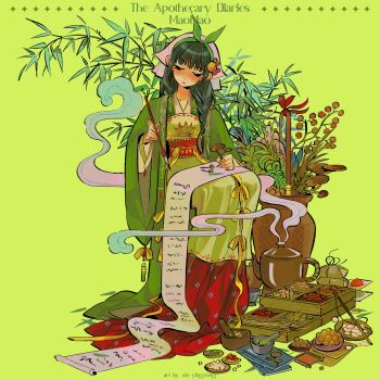 Rule 34 | 1girl, artist name, blunt bangs, calligraphy brush, character name, chinese clothes, closed eyes, commentary, copyright name, dress, english commentary, freckles, full body, green background, green dress, green hair, green hairband, hairband, hanfu, headscarf, highres, holding, holding calligraphy brush, holding mushroom, holding paintbrush, kiddo hah, kusuriya no hitorigoto, long dress, maomao (kusuriya no hitorigoto), mortar (bowl), mushroom, paintbrush, pestle, pink scarf, scarf, scroll, sitting, solo, steam, teapot, vase, writing