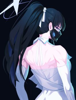 1girl absurdres backless_dress backless_outfit bare_shoulders black_background black_hair black_mask blue_archive blue_eyes blue_halo bow breasts clothing_cutout colored_inner_hair commentary dress elbow_gloves from_behind gloves halo highres large_breasts looking_back mask mouth_mask multicolored_hair muscular muscular_female saori_(blue_archive) saori_(dress)_(blue_archive) simple_background solo strapless strapless_dress user_lgy0610 white_bow white_dress white_gloves