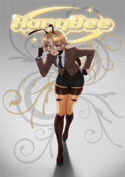 1girl absurdres adjusting_eyewear arthropod_girl bee_girl black_necktie black_shoes black_skirt blonde_hair breasts brown_eyes brown_suit closed_mouth earrings face_piercing formal_clothes full_body glasses grey-framed_eyewear hand_on_own_hip high_heels highres hunybee insect_girl jewelry long_sleeves medium_breasts mouth_piercing necktie original pencil_skirt piercing round_eyewear shiny_skin shoes short_hair skirt solo suit thick_thighs thighs tongue tongue_out