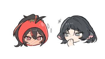 2girls animal_ears black_hair blush chibi eardoor_1022 green_eyes hashtag-only_commentary highres jane_doe_(zenless_zone_zero) long_hair looking_at_another mechanical_tail mouse_ears mouse_girl multicolored_hair multiple_girls open_mouth pants pantyhose police police_uniform policewoman ponytail red_eyes red_hair simple_background streaked_hair tail tomato tomato_costume white_background zenless_zone_zero zhu_yuan