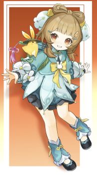 1girl aqua_dress aqua_leg_warmers backpack_basket black_shoes blue_dress blue_umbrella blunt_bangs bow bow-shaped_hair brown_eyes brown_hair chinese_clothes closed_umbrella commentary_request dress eyelashes flower frilled_dress frills genshin_impact gradient_background grin hair_flower hair_ornament hairclip highres layered_dress leg_warmers long_sleeves looking_at_viewer mandarin_collar medium_hair official_alternate_costume okkobc orange_background puffy_long_sleeves puffy_sleeves rabbit_hair_ornament red_background shoes sidelocks smile solo tassel teeth umbrella yaoyao_(genshin_impact) yaoyao_(rainlit_bamboo_reverie)_(genshin_impact) yellow_bow yuegui_(genshin_impact)