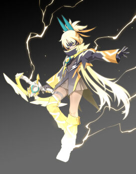 1girl absurdres black_background black_coat black_dress black_gloves black_hair black_pantyhose blonde_hair boots bow_(weapon) capsems closed_mouth coat commentary dress electricity genderswap genderswap_(mtf) gloves glowing goz-zz highres holding holding_bow_(weapon) holding_weapon inazuma_blaster kamen_rider kamen_rider_zeztz kamen_rider_zeztz_(series) kamen_rider_zeztz_inazuma_plasma long_hair long_sleeves multicolored_hair neck_pillow pantyhose pleated_dress rider-tan rider_belt short_dress shoulder_belt simple_background sleep_mask thigh_strap very_long_hair weapon yellow_boots zeztz_driver