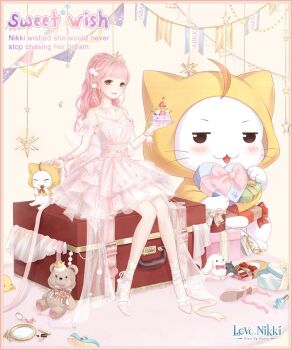 ^_^ ahoge animal ankle_ribbon ankle_socks artist_request baby_animal back_bow bird birthday birthday_cake blunt_bangs bottle bow bowtie box bracelet brown_eyes cake cat character_doll character_name chewing chick chocolate cloak closed_eyes clothed_animal copyright_logo crumbs detached_sleeves doll dot_nose dress ear_covers eating english_text flower food frilled_dress frills garland_(decoration) gifty_(nikki) gold_tiara hair_ornament happy heart-shaped_box hexagram high_heels holding holding_chocolate holding_food holding_plate hood hood_up hooded_cloak jewelry lace-trimmed_socks large_bow leg_ribbon light_blush logo long_hair medium_dress miracle_nikki mirror momo_(nikki) navel necklace nikki_(nikki) nikki_(series) official_art open_mouth oversized_object paw_print perfume_bottle petting pink_bow pink_dress pink_flower pink_hair pink_ribbon pink_rose pink_sash pink_shoes pink_sleeves plate pom_pom_(clothes) pom_pom_hair_ornament ponytail puffy_short_sleeves puffy_sleeves red_bow red_bowtie ribbon rose sash shoes short_sleeves sitting smile socks star_(symbol) stiletto_heels stuffed_animal stuffed_rabbit stuffed_toy suitcase sweet_wish_(miracle_nikki) tareme teddy_bear teeth third-party_source upper_teeth_only very_long_hair waist_sash wavy_hair whiskers white_cat white_socks wrist_ribbon yellow_background yellow_cloak