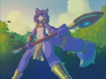 1girl animal_ears animal_nose arm_tattoo armor bandeau blue_eyes blue_fur blue_hair blue_sky body_fur breasts brown_bandeau claws closed_mouth cloud day female_focus fighting_stance foreshortening fox_ears fox_girl fox_tail furry furry_female glairedaggers gold gold_trim highres holding holding_polearm holding_spear holding_weapon jewelry krystal leg_tattoo legs legs_apart loincloth looking_afar navel neck_ring nintendo outdoors parted_bangs pelvic_curtain polearm serious shin_guards short_hair shoulder_armor sky small_breasts solo spear standing star_fox stomach tail tail_ornament tail_ring tattoo thighs tree two-tone_fur v-shaped_eyebrows vambraces weapon white_fur