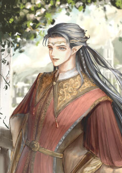 Rule 34 | 1boy, belt, black hair, braid, circlet, elf, eyelashes, feanor, gem, grey eyes, jewelry, large ears, long hair, male focus, moriolor, parted lips, pointy ears, solo, teeth, the silmarillion, tolkien's legendarium, tower, upper body, upper teeth only