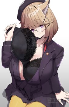 1girl admiral_reign animal_ear_fluff animal_ears arknights arm_support artist_name beret black_bra blonde_hair bra breasts collarbone collared_shirt cowboy_shot fang glasses hair_ornament hairclip hand_up hat highres holding holding_bra holding_underwear holding_unworn_clothes huge_breasts jacket looking_at_viewer medium_hair official_alternate_costume open_clothes pantyhose partially_unbuttoned purple_eyes purple_hat purple_jacket purple_shirt raised_eyebrows removing_bra_under_shirt shirt simple_background sitting skin_fang slit_pupils smug solo unbuttoned unbuttoned_shirt underwear unworn_bra unworn_clothes utage_(arknights) utage_(disguise)_(arknights) white_background yellow_pantyhose