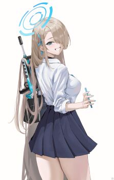 1girl absurdres assault_rifle asuna_(blue_archive) asuna_(school_uniform)_(blue_archive) bag blonde_hair blue_archive blue_eyes blue_halo blue_skirt blush breasts bullpup choker commentary_request famas grin gun hair_over_one_eye hair_ribbon halo highres holding holding_phone kuuhaku_(pskf2372) large_breasts long_hair looking_at_viewer phone pleated_skirt ribbon rifle school_bag shirt skirt sleeves_rolled_up smile solo thighs very_long_hair weapon white_shirt