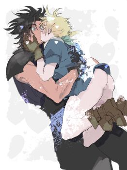 2boys ass blonde_hair blush boots brown_boots brown_gloves cloud_strife crisis_core:_final_fantasy_vii final_fantasy final_fantasy_vii gloves heart highres jumping kiss male_focus multiple_boys no_pants shinra_infantry_uniform short_hair sleeveless sleeveless_turtleneck spiked_hair thighs turtleneck wide-eyed yaoi zack_fair zc_furuya