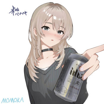 1girl asahi_breweries beer_can black_choker black_sweater blush can character_name choker commentary drink_can drunk girls_band_cry gohannanaki grey_eyes grey_hair hair_between_eyes highres holding holding_can kawaragi_momoka looking_at_viewer multicolored_hair open_mouth roots_(hair) sidelocks simple_background solo sweater upper_body white_background