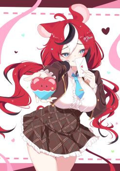 Rule 34 | 1girl, absurdres, ahoge, alternate costume, animal ears, black hair, blue eyes, blush, breasts, brown jacket, brown skirt, cafelittle, candy, chocolate, chocolate heart, commentary, cowboy shot, food, frilled shirt, frilled skirt, frills, gold trim, hair between eyes, hair ornament, hair tie, hairclip, hakos baelz, heart, heart-shaped food, heart-shaped gem, heart in eye, highres, holding, holding chocolate, holding food, holding letter, hololive, hololive english, incoming gift, jacket, large breasts, letter, long hair, looking at viewer, love letter, low twintails, mouse ears, mouse tail, necktie, plaid clothes, plaid skirt, red hair, shirt, skirt, smile, standing, symbol in eye, tail, thighs, twintails, valentine, virtual youtuber, white hair, white shirt