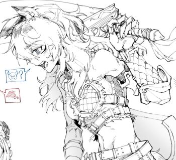 2girls animal_ears armor bare_shoulders breasts commentary elbow_pads english_commentary fangs girls_band_cry girls_band_cry_rpg greyscale holding holding_sword holding_weapon iseri_nina kawaragi_momoka looking_at_another medium_breasts monochrome multiple_girls navel open_mouth out_of_frame solo_focus spot_color stomach sword weapon wolf_ears wolf_girl yrxy_settingsun