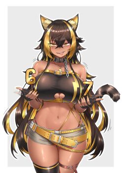 1girl 67_(meme) animal_ear_fluff animal_ears belt belt_collar black_choker black_gloves black_hair black_panties black_thighhighs black_tube_top blonde_hair breasts broken broken_chain cat_ears cat_girl cat_tail chain choker cleavage cleavage_cutout clothing_cutout collar commission commissioner_upload crossed_bangs dark-skinned_female dark_skin fangs fingerless_gloves gloves grey_background grey_shorts hair_between_eyes highleg highleg_panties indie_virtual_youtuber large_breasts long_hair multicolored_hair multiple_belts nekoyo_chloe panties short_shorts shorts single_thighhigh slit_pupils smile solo standing strapless tail thigh_strap thighhighs tongue tongue_out tube_top underwear virtual_youtuber whale_tail_(clothing) wide_hips yellow_eyes yellow_nails yubaest