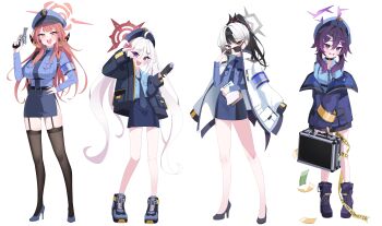 4girls 82jhin :d absurdres ahoge alternate_costume armband aru_(blue_archive) black_choker black_hair blue_archive blue_armband blue_hat blue_necktie blue_shirt blue_skirt boots breasts bright_pupils brown_horns choker clipboard collared_shirt commentary_request cuffs demon_horns full_body garter_straps grey_halo gun hair_ornament hairclip halo handcuffs handgun haruka_(blue_archive) hat high_heels highres holding holding_clipboard holding_gun holding_suitcase holding_taser holding_weapon horns jacket jacket_on_shoulders jacket_partially_removed kayoko_(blue_archive) korean_commentary large_breasts long_hair long_sleeves loose_necktie money multiple_girls mutsuki_(blue_archive) necktie open_collar open_mouth orange_eyes orange_hair orange_halo pencil_skirt police police_hat police_uniform policewoman ponytail problem_solver_68_(blue_archive) purple_boots purple_eyes purple_halo purple_jacket red_eyes red_halo revolver salute shirt simple_background skirt smile smith_&amp;_wesson_686 stiletto_heels suitcase sunglasses taser thighhighs twintails very_long_hair weapon white_background white_hair white_jacket white_pupils yellow_armband