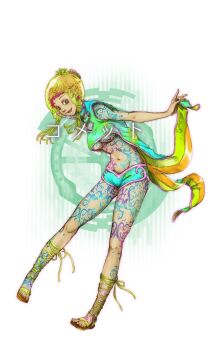 1girl breasts character_request commentary_request looking_at_viewer official_art open_mouth shorts simple_background smile source_request tagme tattoo underboob