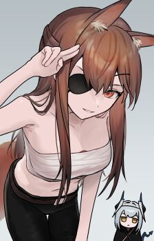 2girls :&lt; absurdres animal_ear_fluff animal_ears arknights arm_up bare_arms bare_shoulders belt black_leggings breasts brown_belt brown_hair chest_sarashi chibi chibi_inset cleavage commentary_request eyepatch fox_ears fox_girl franka_(arknights) franka_(ride_to_davistown)_(arknights) grey_background highres landl leaning leaning_forward leggings liskarm_(arknights) long_hair long_sidelocks looking_at_viewer medium_breasts multiple_girls navel no_shirt official_alternate_costume one_eye_covered orange_eyes partial_commentary salute sarashi sidelocks smile solo_focus thigh_gap vulcan_salute