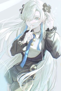 Rule 34 | 1girl, absurdres, blue eyes, blue hair, commentary, ear piercing, english commentary, finger to mouth, flower, hair flower, hair ornament, hair over one eye, highres, isekaijoucho, jacket, kamitsubaki studio, long hair, looking at viewer, mey (me hanamomo), multicolored hair, necktie, piercing, shorts, shushing, solo, two-tone hair, very long hair, white hair