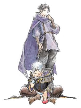 2boys apple black_hair black_pants boots brown_boots cape closed_mouth commentary_request cosplay costume_switch cyrus_albright food frown fruit hair_over_one_eye highres male_focus multiple_boys octopath_traveler octopath_traveler_i pants purple_cape qqqqqli simple_background sitting standing therion_(octopath_traveler) white_background white_hair