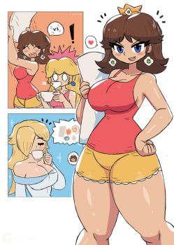 ! 3girls absurdres blonde_hair blue_dress blue_eyes blush breasts brown_hair cleavage closed_eyes collarbone comic crown cup dress drinking earrings flower_earrings hair_over_one_eye hand_on_own_hip heart highres hitting holding holding_cup holding_pillow jewelry large_breasts long_hair long_sleeves looking_at_viewer mario_(series) multiple_girls nintendo o_o off-shoulder_dress off_shoulder open_mouth pillow pillow_fight pink_shirt princess princess_daisy princess_peach red_shirt rosalina shirt short_hair shorts sleepover smile speech_bubble spit_take spitting spoken_heart standing super_mario_galaxy surprised tank_top teacup teeth thick_thighs thighs tony_welt white_background wide_hips yellow_shorts