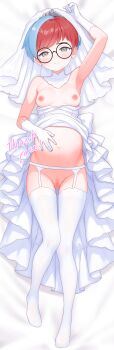 1girl absurdres alternate_costume arm_up armpits bed_sheet blue_hair blush breasts censored closed_mouth clothes_pull commission dakimakura_(medium) dress dress_pull from_above full_body garter_belt garter_straps glasses gloves got0_naisho grey_eyes hand_on_own_stomach highres looking_at_viewer lying mixed-language_commentary mosaic_censoring multicolored_hair nintendo nipples on_back penny_(pokemon) pokemon pokemon_sv pregnant pussy red_hair round_eyewear short_hair skeb_commission smile solo thank_you thighhighs two-tone_hair veil white_dress white_garter_belt white_garter_straps white_gloves white_thighhighs