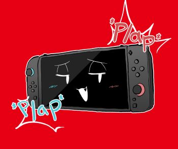 1girl blush commentary english_commentary fang half-closed_eyes highres looking_to_the_side nintendo nintendo_switch_2 objectification open_mouth orenjipiiru plap red_background smile smug solo sound_effects