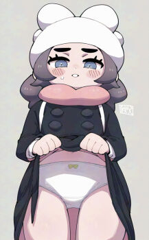 1girl ansha_(pokemon) blue_eyes brown_hair chichibu_(watson) commentary_request loli midriff navel nintendo panties pokemon simple_background tagme thick_eyebrows thigh_gap underwear upskirt white_panties winter_clothes