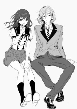 Rule 34 | 1boy, 1girl, adapted costume, anzu (ensemble stars!), blazer, butian8, buttons, closed mouth, collared shirt, commentary request, crossed ankles, diagonal-striped clothes, diagonal-striped necktie, double-breasted, double-parted bangs, ensemble girls!, ensemble stars!, floating hair, full body, greyscale, hair between eyes, highres, invisible chair, jacket, kazehaya tatsumi, kimisaki school uniform, kneehighs, lapels, light smile, loafers, looking at viewer, looking to the side, medium hair, miniskirt, mole, mole on cheek, monochrome, multiple moles, neck ribbon, necktie, notched lapels, official alternate costume, open collar, pants, pleated skirt, pocket, puffy short sleeves, puffy sleeves, reimei school uniform, ribbon, sailor collar, school uniform, shirt, shoes, short hair, short sleeves, sitting, skirt, socks, striped clothes, waving, white background