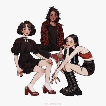 3girls alternate_costume alternate_design alternate_hairstyle ankle_socks arm_behind_back artist_name asymmetrical_bangs belt belt_boots black_dress black_eyeliner black_eyes black_hair black_nails black_pants black_shirt black_shorts block_heels bob_cut boots bracelet brown_hair chain chain_belt chain_earrings clenched_hand closed_mouth collared_shirt converse crop_top denim dress dress_ribbon ear_piercing earrings elbows_on_knees enilehtnorevol eyelashes eyeliner fashion fishnet_top fishnets forehead frilled_dress frills genderswap genderswap_(mtf) hair_between_eyes hair_bun hair_pulled_back half_updo hand_on_own_knee head_on_hand high-waist_shorts highres holding holding_knife hua_cheng invisible_chair jeans jewelry knee_boots knife light_blush light_smile long_hair looking_ahead looking_at_viewer luo_binghe makeup medium_hair messy_hair midriff mole mole_on_arm mole_on_cheek mole_on_forehead mole_on_hand mole_on_leg mole_on_neck multiple_girls multiple_rings open_clothes open_shirt pants piercing plaid_clothes plaid_shirt platform_boots puffy_sleeves punk purple_socks red_lips red_nails red_shirt red_shoes ribbon ring safety_pin_earring shirt shirt_under_shirt shoes short_dress shorts simple_background single_hair_bun sitting sleeves_past_wrists socks straight_hair streetwear stud_earrings studded_belt swiss_army_knife tan tianguan_cifu untucked_shirt wavy_hair wei_wuxian white_background white_ribbon