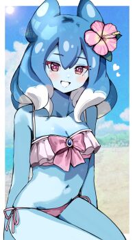 1girl alternate_costume beach bikini blue_hair blue_skin blue_sky blush colored_skin highres inazuma_eleven_(series) inazuma_eleven_go inazuma_eleven_go_galaxy looking_at_viewer mirina1219 navel ocean powai_pichori red_eyes sky solo swimsuit twitter