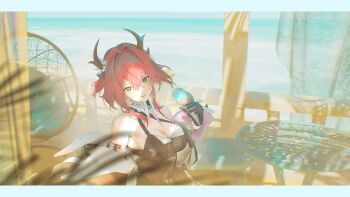 Rule 34 | 1girl, absurdres, aqua eyes, arknights, arknights: endfield, black dress, black gloves, breasts, cleavage, commentary, demon girl, detached sleeves, dress, food, gloves, hair between eyes, highres, holding, holding food, holding ice cream, ice cream, laevatain (arknights), large breasts, looking at viewer, open mouth, qurami, red hair, solo, surtr (arknights)