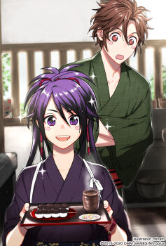 Rule 34 | + +, 2boys, :d, blush stickers, brown eyes, brown hair, candy, cup, dango, drooling, food, fox, fudou yukimitsu, hands in opposite sleeves, japanese clothes, kimono, konnosuke, konpeitou, male focus, minato (robin), multiple boys, official art, open mouth, otegine, ponytail, purple eyes, purple hair, skewer, smile, sparkle, tea, touken ranbu, tray, wagashi, window, yukata, yunomi