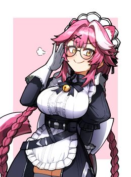 Rule 34 | 1girl, adjusting eyewear, animal ears, apron, arm behind back, bell, belt, black bow, black bowtie, black dress, bow, bowtie, braid, breasts, center-flap bangs, center frills, commentary, cowboy shot, ddolbang, dress, frilled apron, frills, glasses, gloves, hair ornament, highres, hololive, hololive english, long hair, long sleeves, low twin braids, maid, maid headdress, multicolored hair, neck bell, official alternate costume, official alternate hairstyle, panther ears, panther girl, panther tail, pink background, pink hair, puff of air, puffy sleeves, raora panthera, raora panthera (maid), smile, solo, standing, streaked hair, tail, thighhighs, twin braids, virtual youtuber, white gloves, white streaks, x hair ornament, yellow eyes