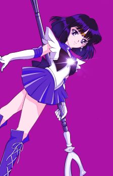 1girl absurdres back_bow bishoujo_senshi_sailor_moon black_hair blunt_bangs bob_cut boots bow bowtie brooch choker circlet dj_jdite earrings elbow_gloves gem gloves high_heel_boots high_heels highres jewelry lace-up_boots leotard miniskirt pleated_skirt purple_background purple_boots purple_bow purple_bowtie purple_choker purple_eyes purple_gemstone purple_sailor_collar purple_skirt sailor_collar sailor_saturn shirt short_hair short_sleeves silence_glaive simple_background skirt solo star_(symbol) star_choker star_ornament tomoe_hotaru white_gloves white_leotard white_shirt