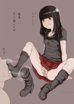 1boy 1girl black_hair black_socks blush boots e10 feet freckles grin hime_cut long_hair panties pantyshot red_eyes shirt shoes skirt smile socks soles steam striped_clothes striped_panties t-shirt translated underwear unworn_boots unworn_shoes