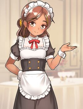 Rule 34 | 1girl, absurdres, apron, black dress, brown hair, closed mouth, commentary request, dark-skinned female, dark skin, dress, furaggu (frag 0416), hand on own hip, highres, kantai collection, long hair, looking at viewer, maid, maid headdress, neck ribbon, puffy short sleeves, puffy sleeves, red ribbon, ribbon, short sleeves, smile, solo, standing, thighs, thonburi (kancolle), variant set, waist apron, white wrist cuffs, wrist cuffs