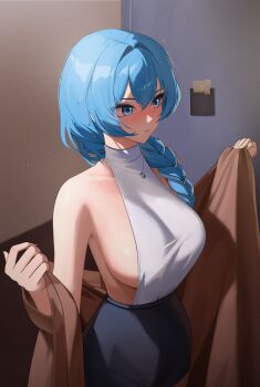 1girl absurdres bare_shoulders black_skirt blue_eyes blue_hair blush braid breasts brown_coat closed_mouth coat collarbone commentary cowboy_shot gani1127 goddess_of_victory:_nikke hair_between_eyes hair_over_shoulder helm_(nikke) highres jewelry large_breasts long_hair looking_to_the_side necklace sideboob single_braid skirt undressing