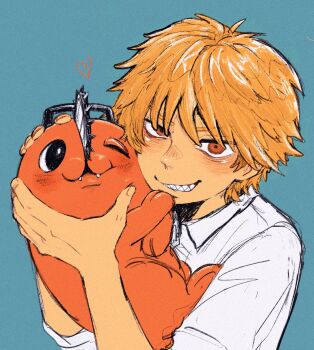 1boy :3 animal_hands blonde_hair blue_background chainsaw chainsaw_man cheek-to-cheek cheek_press collared_shirt creature denji_(chainsaw_man) fangs handle heads_together heart highres holding holding_creature kino_isobe looking_at_another looking_at_viewer male_focus one_eye_closed pet pochita_(chainsaw_man) red_eyes sharp_teeth shirt sleeves_rolled_up smile teeth white_shirt