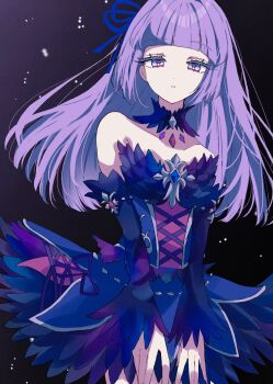 1girl absurdres aikatsu!_(series) bare_shoulders blue_dress blunt_bangs circle_skirt cross-laced_clothes detached_sleeves dress expressionless eyelashes guri_(ak1002s) hair_ribbon hashtag-only_commentary highres hikami_sumire long_hair looking_at_viewer parted_lips purple_eyes purple_hair ribbon simple_background solo