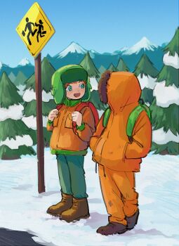 2boys animification backpack bag boots bus_stop bus_stop_sign child commentary_request day full_body fur-trimmed_hood fur_trim green_eyes hands_in_pockets hat highres holding_strap hood hood_up jacket kenny_mccormick kyle_broflovski long_sleeves looking_at_another looking_to_the_side male_focus multiple_boys open_mouth orange_hair outdoors pants parka pine_tree road_sign sign sky smile snow snow_on_tree south_park tree ume-bayashi ushanka