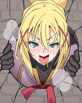 1girl aqua_eyes black_gloves blonde_hair blush braid brick_wall commentary crack darkness_(konosuba) drooling female_pervert gloves hair_between_eyes hair_ornament heavy_breathing highres kono_subarashii_sekai_ni_shukufuku_wo! looking_at_viewer nose_blush noyama_takenoko open_mouth pervert ponytail ponytail_with_braided_base solo sweat through_wall tongue v-shaped_eyebrows x_hair_ornament