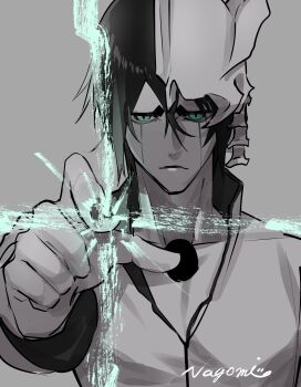 Rule 34 | 1boy, artist name, black hair, bleach, closed mouth, coat, facial mark, grey background, greyscale, hair between eyes, half mask, highres, hishui prpr, long sleeves, looking at viewer, male focus, mask, monochrome, pointing, pointing at viewer, solo, spot color, ulquiorra cifer, upper body