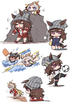 Rule 34 | 2girls, :t, animal ears, ball, beanie, beer hsk, black shorts, black thighhighs, blonde hair, blue one-piece swimsuit, brown hair, brown shoes, chibi, closed eyes, closed mouth, commentary request, faceless, faceless female, grey hair, grey hat, gym shirt, gym shorts, gym uniform, hair between eyes, hat, highres, horse ears, horse girl, horse tail, jacket, kickboard, long hair, multicolored hair, multiple girls, nakayama festa (umamusume), one-piece swimsuit, orfevre (umamusume), purple eyes, red jacket, red shorts, shadow, shirt, shoes, short sleeves, shorts, soccer, soccer ball, standing, swimming, swimsuit, tail, thighhighs, track jacket, trembling, two-tone hair, umamusume, vertical-striped hat, very long hair, white background, white shirt
