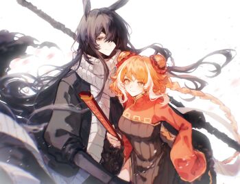 Rule 34 | 1boy, 1girl, black coat, black dress, black eyes, black hair, braid, closed mouth, coat, commentary request, cowboy shot, double bun, dress, folded fan, folding fan, gold trim, green eyes, hair bun, hand fan, heishou pack-wu branch (identity) (project moon), highres, holding, holding fan, hongyuan (identity) (project moon), ishmael (project moon), limbus company, long hair, looking at viewer, low twin braids, multicolored hair, orange hair, project moon, red shrug, scarf, shrug (clothing), sidelocks, simple background, smile, streaked hair, twin braids, very long hair, white background, white scarf, white streaks, yi sang (project moon), yuemiao