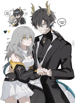 00rml 1boy 1girl arm_around_waist bare_shoulders black_coat black_hair black_jacket black_pants black_shirt breasts chibi chibi_inset closed_eyes closed_mouth coat couple cowboy_shot dan_heng_(honkai:_star_rail) dan_heng_(lurking)_(honkai:_star_rail) dan_heng_(permansor_terrae)_(honkai:_star_rail) dragon_boy dragon_horns dragon_tail dress eyeliner grey_hair hair_between_eyes hand_on_another&#039;s_waist hashtag-only_commentary headset hetero highres holding_hands honkai:_star_rail honkai_(series) horns jacket long_hair long_sleeves looking_at_another makeup medium_breasts off_shoulder official_alternate_costume open_clothes open_coat open_shirt pants pointy_ears ponytail red_eyeliner shirt simple_background sleeveless sleeveless_dress speech_bubble stelle_(honkai:_star_rail) stelle_(world_tour_2023)_(honkai:_star_rail) tail trailblazer_(honkai:_star_rail) translation_request white_background white_dress white_shirt yellow_eyes yellow_horns