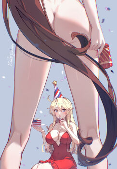 Rule 34 | 2girls, american flag, artist name, ass, blonde hair, blue eyes, breasts, brown hair, butt crack, cake, casual, casual nudity, cleavage, clothed female nude female, covered navel, dress, food, fork, grey background, highres, himeyamato, holding, holding fork, holding plate, iowa (kancolle), kantai collection, large breasts, long hair, looking at viewer, multiple girls, nude, open mouth, plate, ponytail, red dress, revision, simple background, star-shaped pupils, star (symbol), symbol-shaped pupils, very long hair, yamato (kancolle)