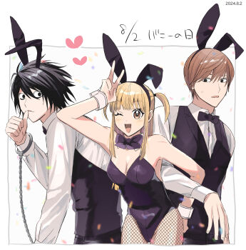 Rule 34 | 1girl, 2boys, absurdres, amane misa, animal ears, black hair, blonde hair, blush, bow, bowtie, breasts, cleavage, commentary request, death note, detached collar, fake animal ears, fishnets, highres, kasuya86, l (death note), leotard, long hair, multiple boys, one eye closed, open mouth, pantyhose, playboy bunny, rabbit ears, short hair, small breasts, smile, tail, v, waiter, wrist cuffs, yagami light, yellow eyes