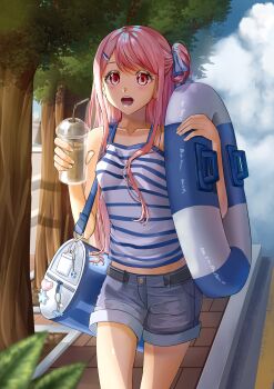 1girl absurdres animal_charm aqua_eyeliner asymmetrical_sidelocks bag bag_charm bare_arms barre belt black_belt blue_bag blue_ribbon blue_shorts blue_sky bubble_tea charm_(object) cloud cowboy_shot cup daisy_(flower) day denim denim_shorts disposable_cup dot_nose drink drinking_straw eyelashes eyeliner flower flower_pot hair_ornament hair_ribbon hair_spread_out hairclip happy heart highres holding holding_drink holding_swim_ring innertube leaf light_blush long_hair long_sidelocks looking_at_viewer makeup midriff nikki_(nikki) nikki_(series) one_side_up open_mouth outdoors pink_eyes pink_hair plant pocket potted_plant ribbon road shining_nikki shkwak1575 shop shorts shoulder_bag sidelocks sidewalk sky smile solo star_(symbol) street striped_tank_top summer swept_bangs swim_ring tank_top tareme teeth tree very_long_hair walking wavy_hair whale white_flower white_tank_top