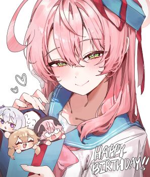 1boy 46_coffee 4girls ahoge blue_archive blush box chibi commentary doodle_sensei_(blue_archive) gift gift_box green_eyes hanako_(blue_archive) happy_birthday heart hifumi_(blue_archive) highres koharu_(blue_archive) long_hair looking_at_viewer multiple_girls pink_hair ribbon school_uniform sensei_(blue_archive) smile symbol-only_commentary